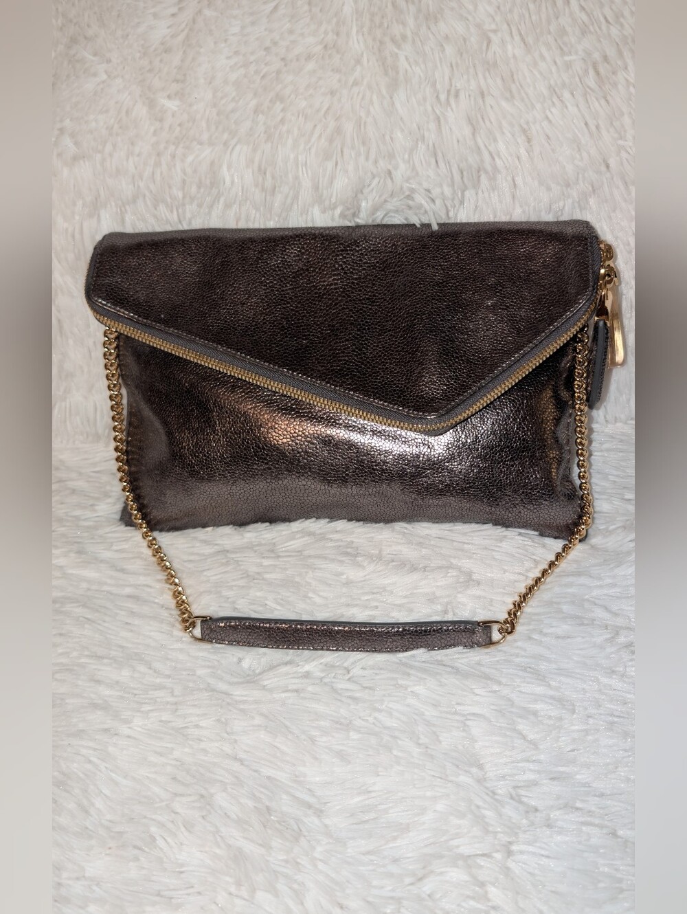 Henri Bendel Debutante Asymetrical Clutch Shoulder Bag Metallic Bronze & Mirror